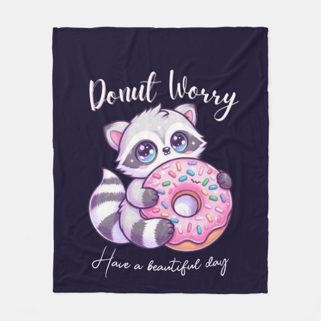 Doughnut Worry Cute Kawaii Racoon  Fleece Blanket (Front)