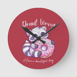Doughnut Worry Cute Kawaii Racoon Round Clock