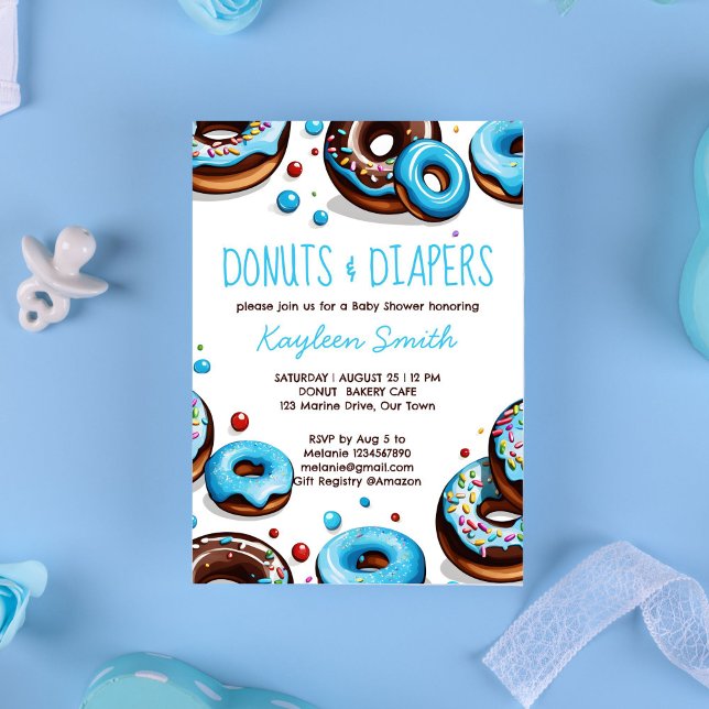 Doughnuts and diapers blue brown baby shower invitation (Donuts and diapers blue chocolate brown sprinkles whimsical donuts baby shower invitation template )