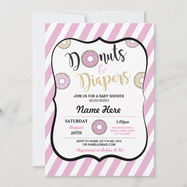 Doughnuts and Diapers Pink Girl Baby Shower Invite (Front)