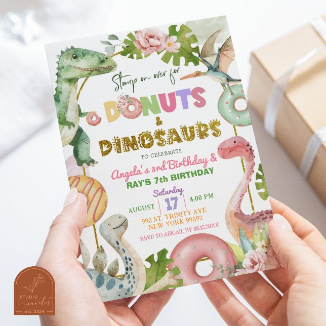 Doughnuts and Dinosaurs Joint Sibling Birthday Invitation (Creator Uploaded)