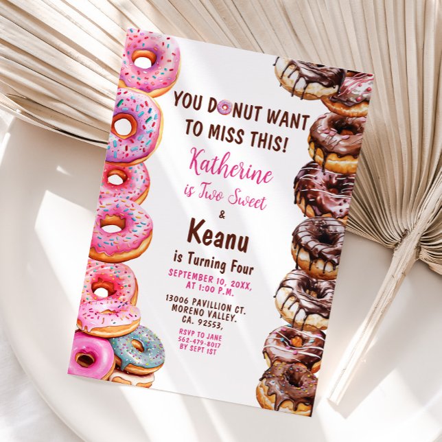 Doughnuts Brother and Sister Joint Birthday Party Invitation (Creator Uploaded)