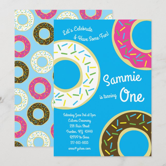 Doughnuts Colourful 1st Birthday Invitations (Front/Back)