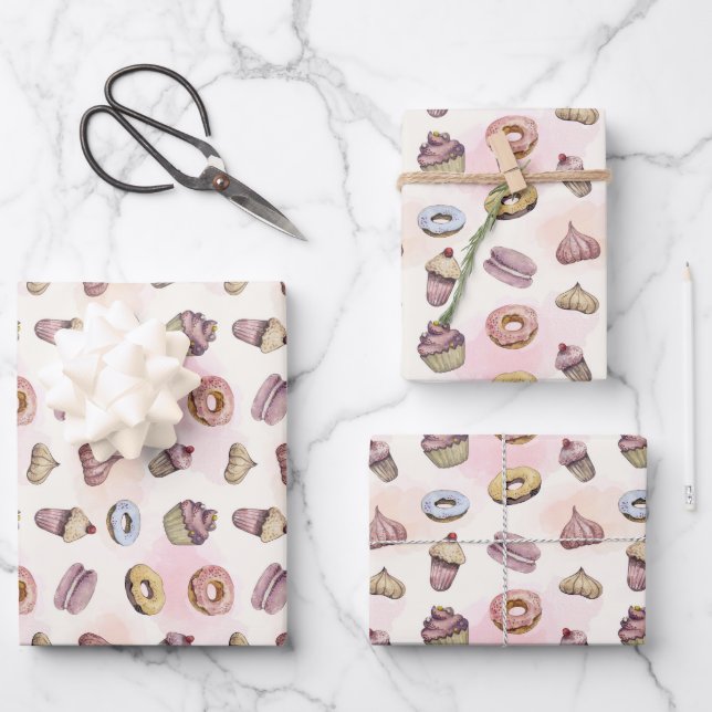 Doughnuts Cupcakes Cute Trendy Woodland Watercolor Wrapping Paper Sheet (Front)