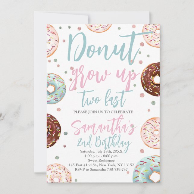 Doughnuts Grow Up Two Fast Watercolor Girl Birthda Invitation (Front)