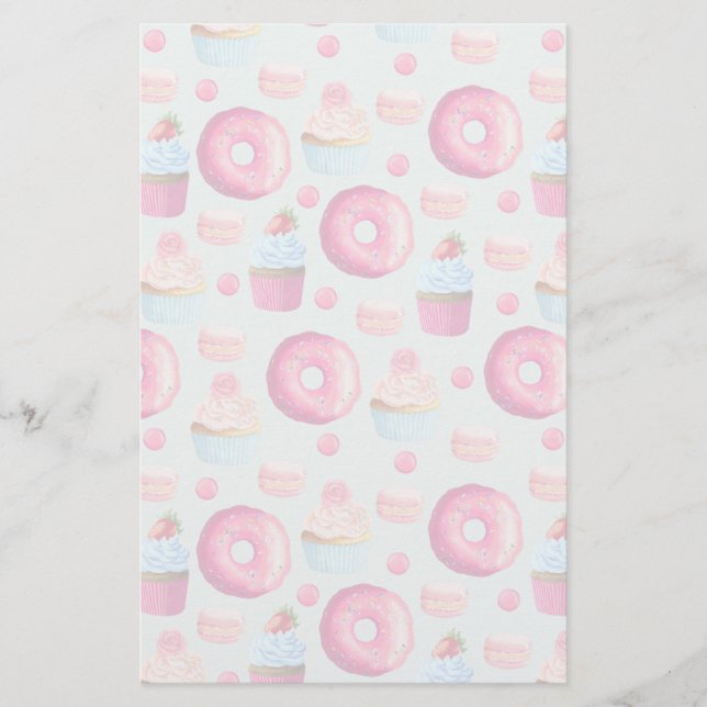 Doughnuts Macarons And Cupcake Pattern Stationery (Front)