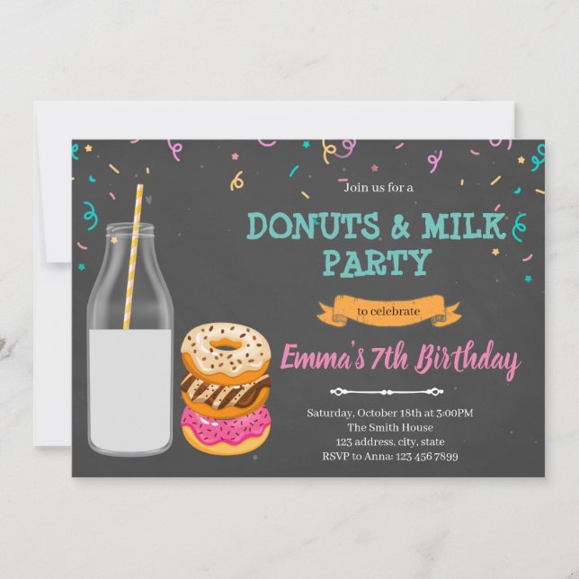 Doughnuts milk party theme invitation (Front)