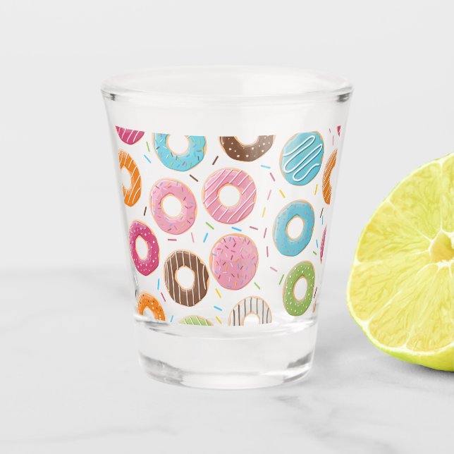 Doughnuts pink blue and bites chocolate pattern shot glass (Front)