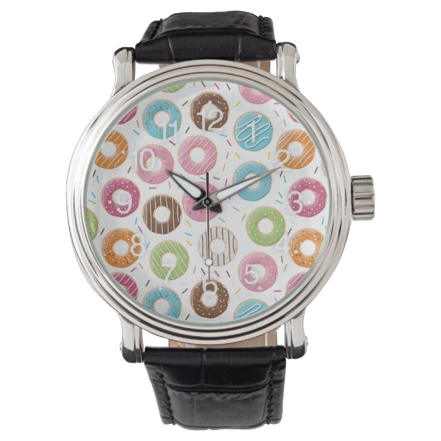 Doughnuts pink blue and bites chocolate pattern watch (Front)
