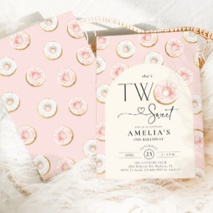 Doughnuts Pink Two Sweet 2nd Birthday Invitation