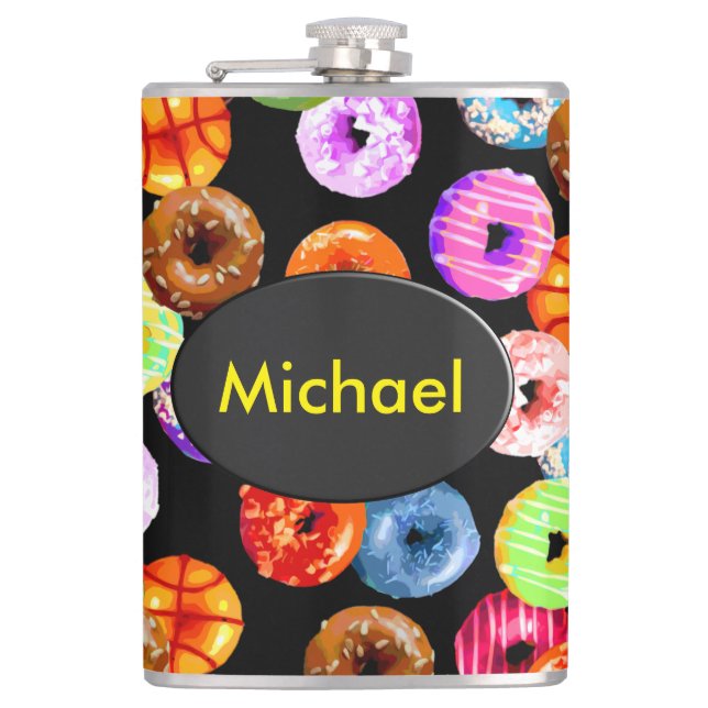 Doughnuts seamless pattern + your backgr. & ideas hip flask (Front)