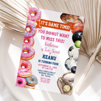 Doughnuts Sports Balls Siblings Joint Birthday Par Invitation