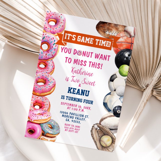 Doughnuts Sports Balls Siblings Joint Birthday Par Invitation (Creator Uploaded)