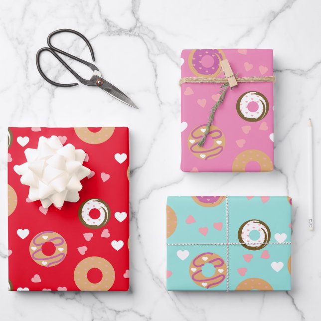 Doughnuts Valentine's Day  Hearts Red Pink Teal Wrapping Paper Sheet (Front)