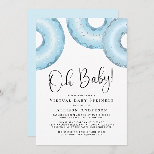 Doughnuts Virtual Baby Sprinkle Blue Invitation (Front/Back)