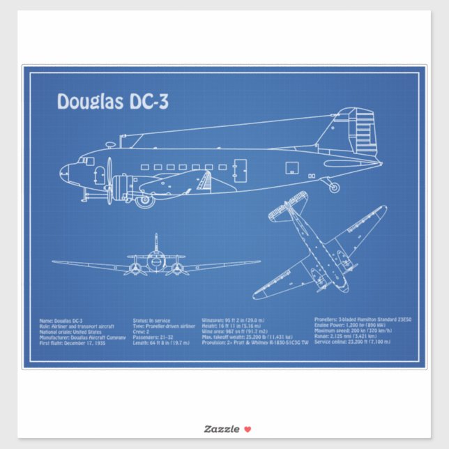 Douglas DC-3 - Aeroplane Blueprint Drawing Plans A (Sheet)