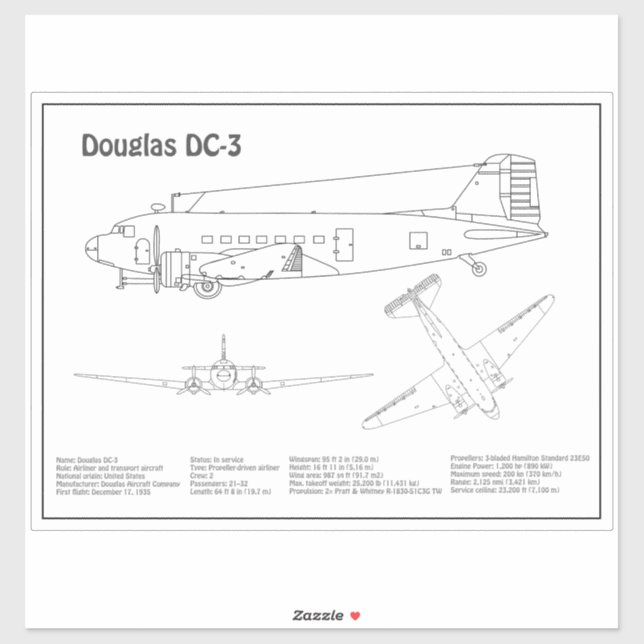 Douglas DC-3 - Aeroplane Blueprint Drawing Plans B (Sheet)