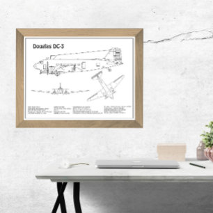Douglas DC-3 - Aeroplane Blueprint Drawing Plans B Photo Print