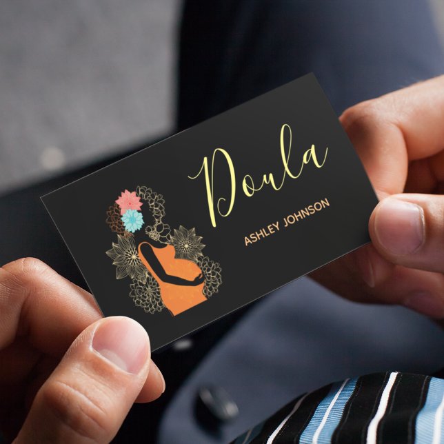 Doula Birth Coach Midwife Floral Calligraphy Black Business Card (Creator Uploaded)