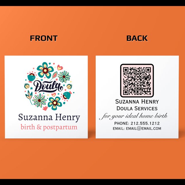 Doula Birth Postpartum Pink Floral Logo Square Business Card (DOULA BUSINESS CARDS)