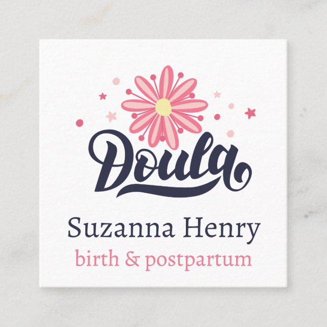 Doula Birth Postpartum Pink Floral Stars Logo Square Business Card (Front)