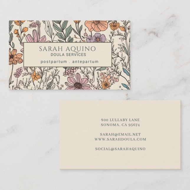 Doula Floral Wildflowers Pattern Business Card (Front/Back)