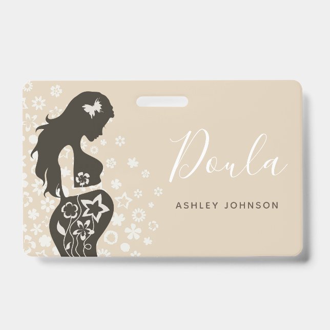 Doula Midwife Birth Coach Floral Women Silhouette ID Badge (Front)