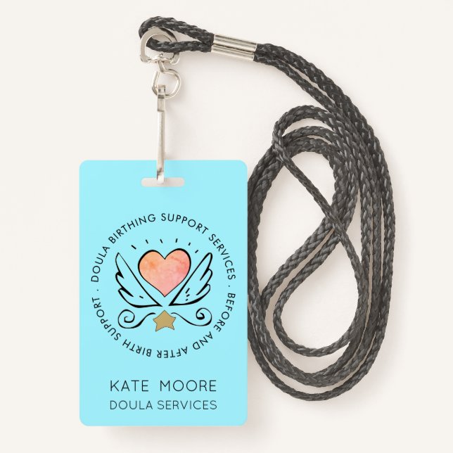 Doula Or Midwife Heart With Wings Name ID Badge (Front with Lanyard)