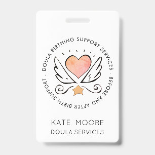 Doula Or Midwife Heart With Wings Name White ID Badge