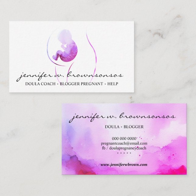 Doula Pink Watercolor Pregnant Baby Newborn Business Card (Front/Back)