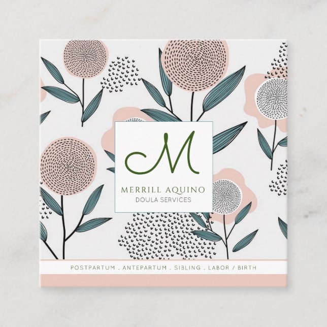 Doula Services Hand Drawn Floral With Monogram Square Business Card (Front)
