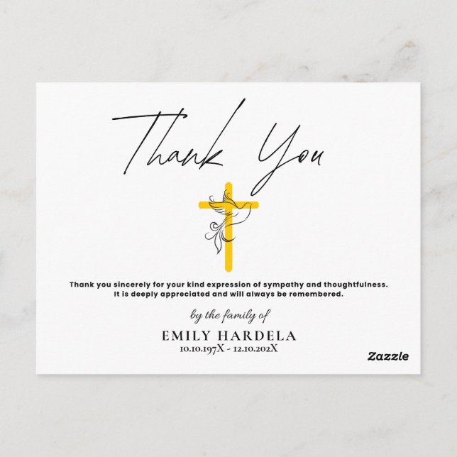 Dove and Cross Funeral Simple Script Thanks Card (Back)