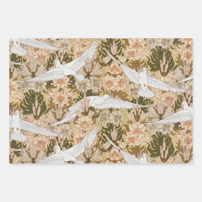Dove and Lily Floral Print Wrapping Paper Sheet (Front)