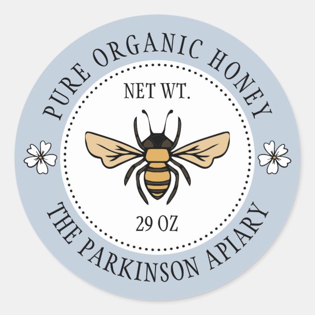 Dove Blue Floral Honey Bee Illustration Apiary Classic Round Sticker (Front)