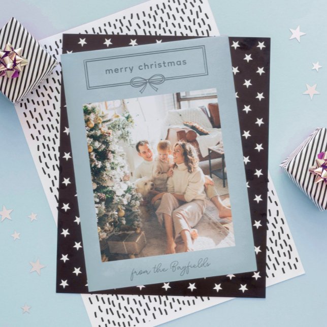 Dove Blue Pretty Bow Photo Merry Christmas Holiday Card (Creator Uploaded)