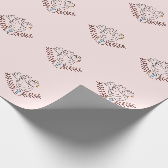 Dove Cross Religious Baptism Christening Baby Girl Wrapping Paper (Corner)