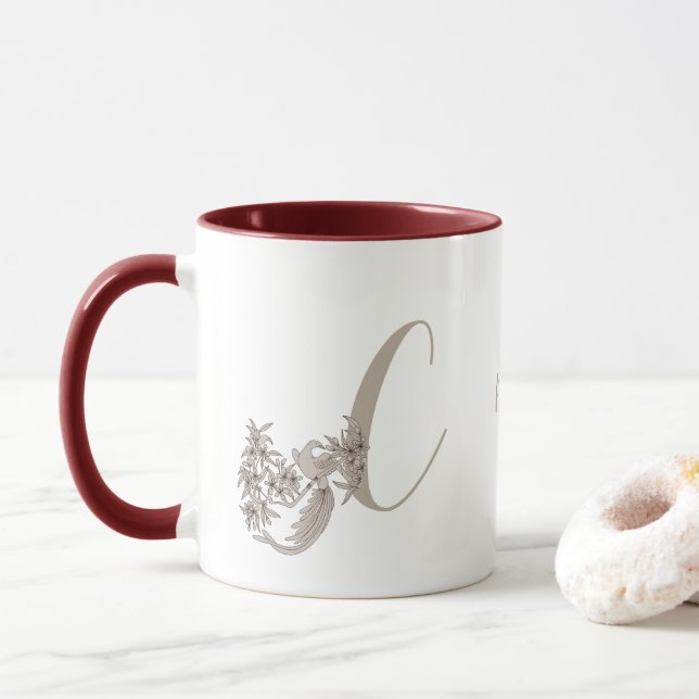 Dove Elegant Monogram Initial C Personalised Mug (With Donut)
