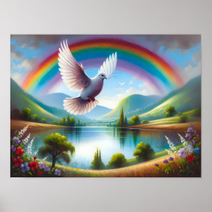 Dove Flying Under a Rainbow Poster