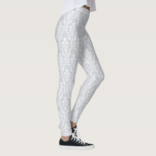Dove Gray & White Damask Floral Swirls Leggings