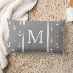 Dove Grey and White Anchors Monogram Lumbar Cushion