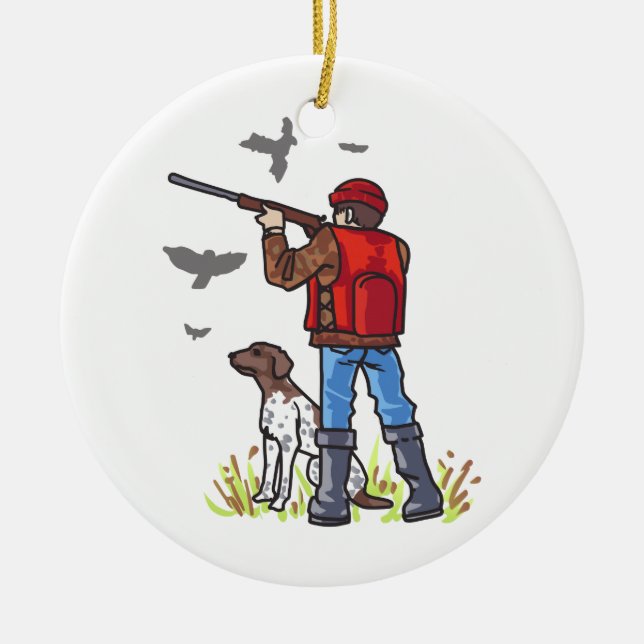 DOVE HUNTER AND DOG CERAMIC TREE DECORATION (Front)