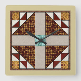 Dove in Window Quilt Block Brown Cream no numbers Square Wall Clock