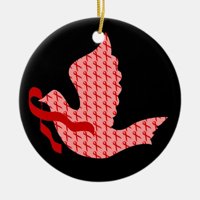 Dove of Hope Red Ribbon - AIDS & HIV Ceramic Tree Decoration (Front)