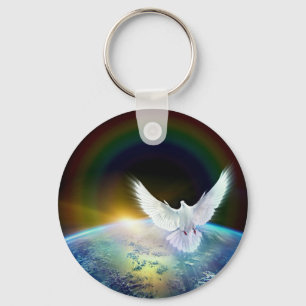 Dove of Peace Holy Spirit over Earth with Rainbow. Key Ring