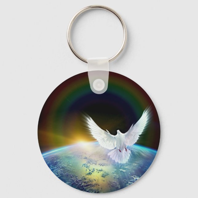 Dove of Peace Holy Spirit over Earth with Rainbow. Key Ring (Front)
