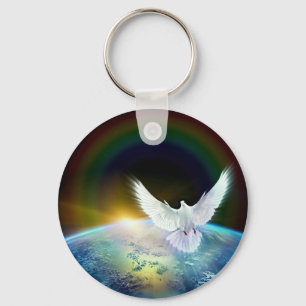 Dove of Peace Holy Spirit over Earth with Rainbow Key Ring