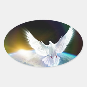 Dove of Peace Holy Spirit over Earth with Rainbow. Oval Sticker