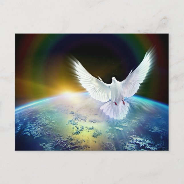 Dove of Peace Holy Spirit over Earth with Rainbow. Postcard (Front)