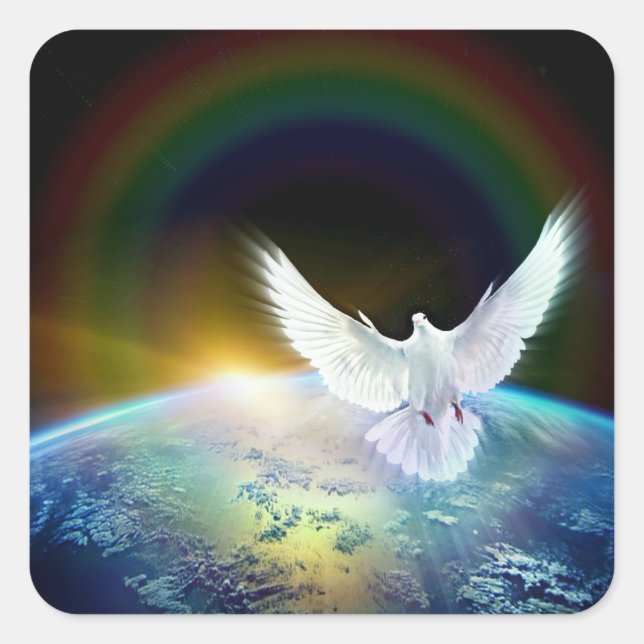 Dove of Peace Holy Spirit over Earth with Rainbow. Square Sticker (Front)