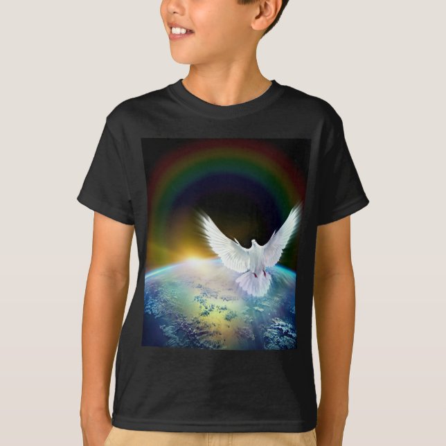 Dove of Peace Holy Spirit over Earth with Rainbow. T-Shirt (Front)